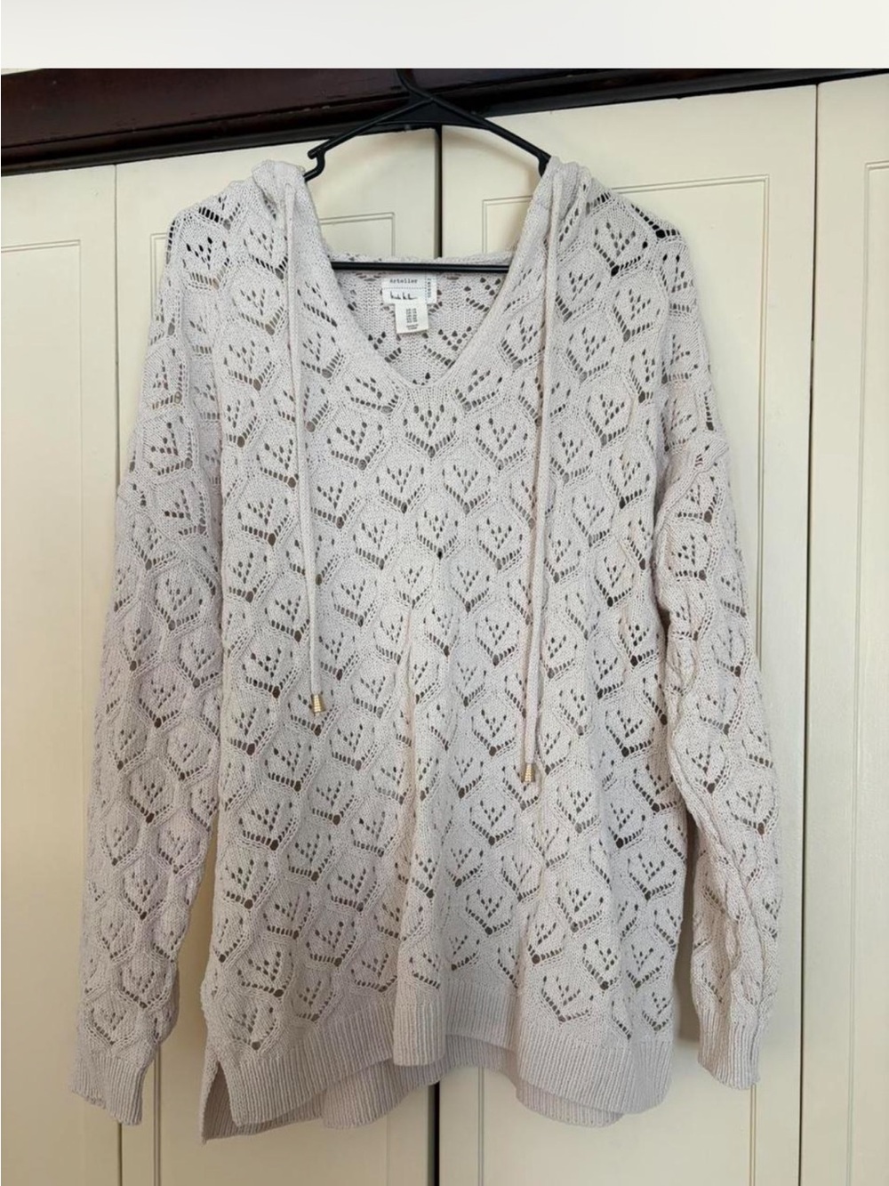 Nicole Miller Atelier Barefoot Dreams Cream Open-Knit V-Neck Hoodie Sweater